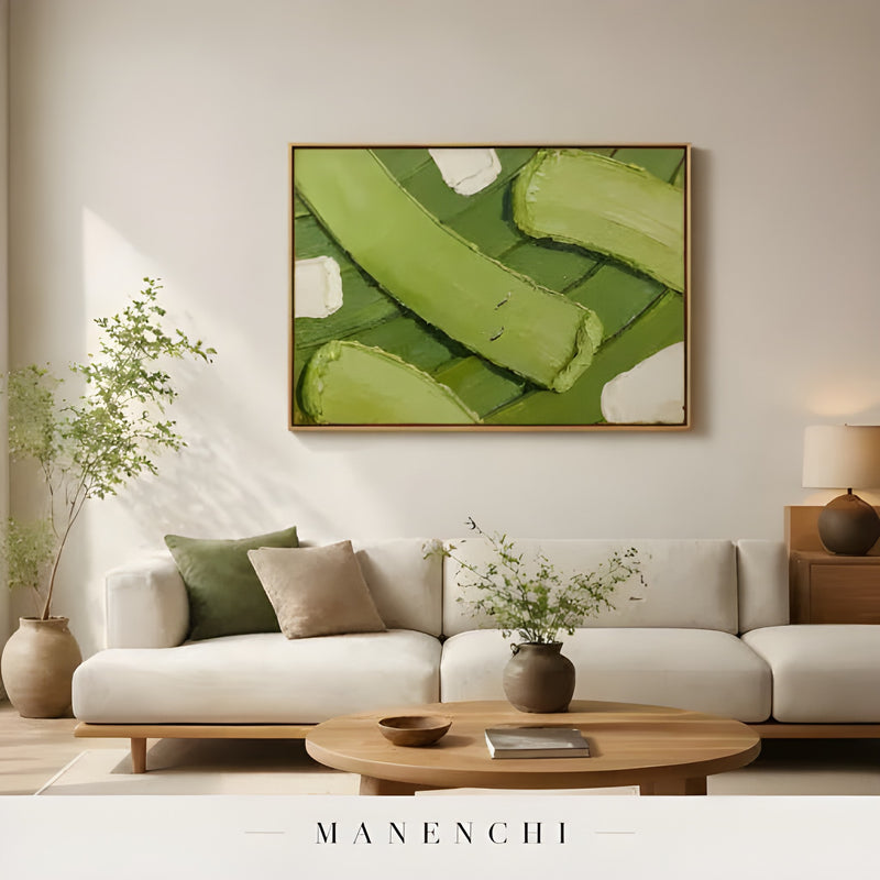 Verdant Leaf Abstraction abstract painting displayed in living room sofa display