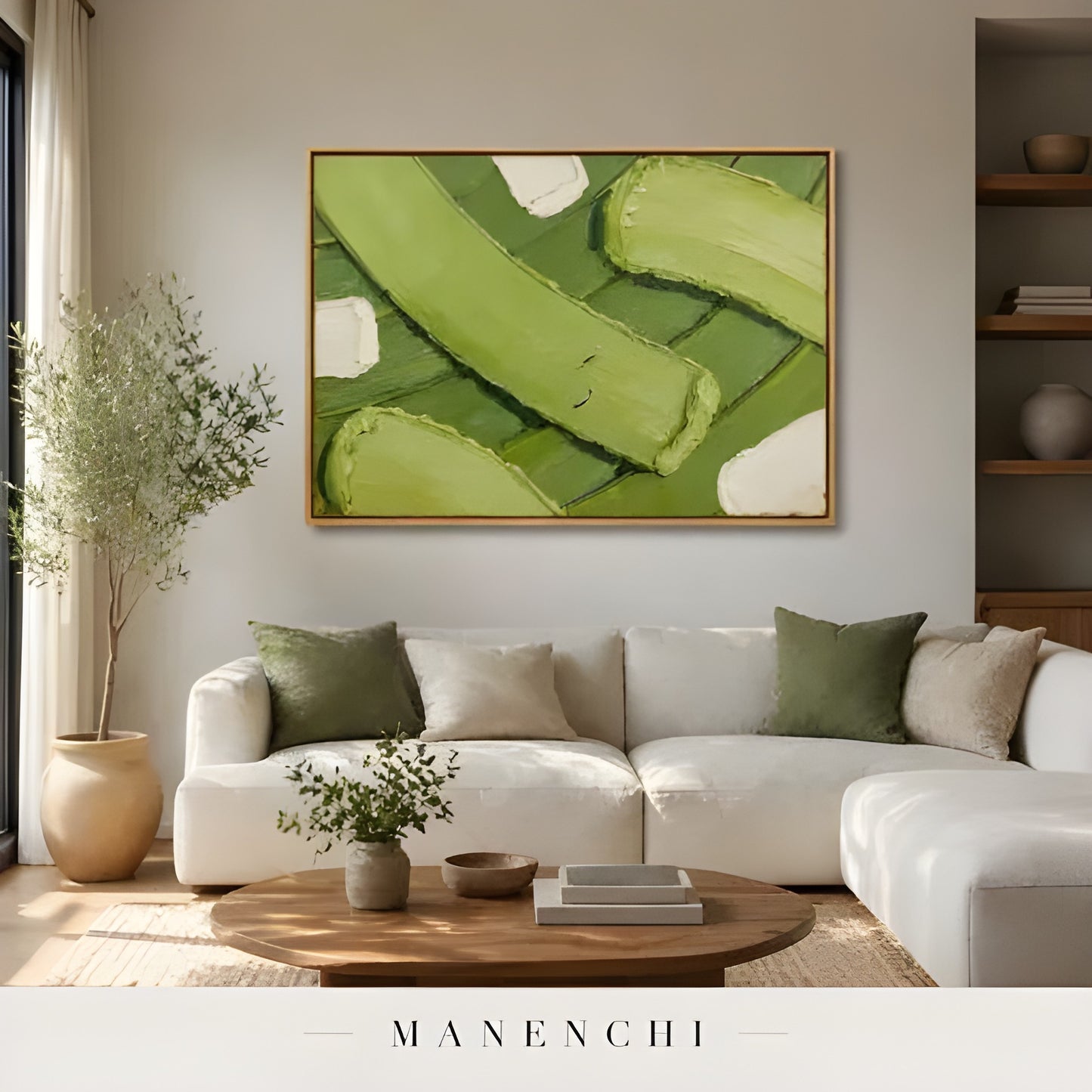 Verdant Leaf Abstraction abstract painting displayed in modern living room decor