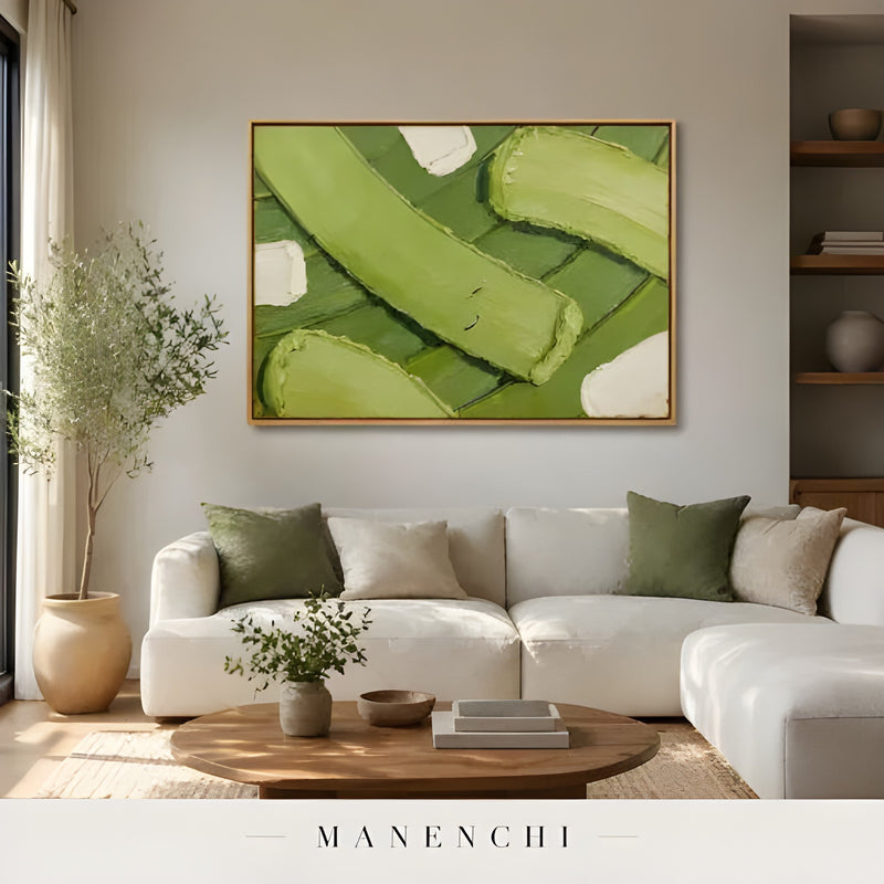 Verdant Leaf Abstraction abstract painting displayed in modern living room decor
