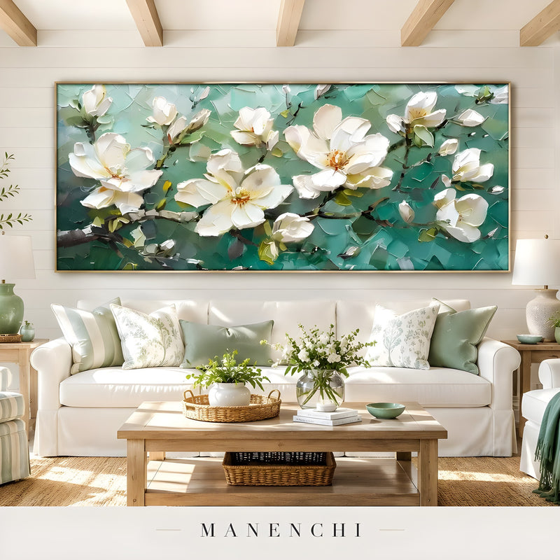 Verdant Magnolia Nocturne abstract painting displayed in living room sofa display