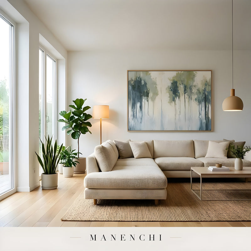 Verdant Mist Arboreal abstract painting displayed in bright living room interior