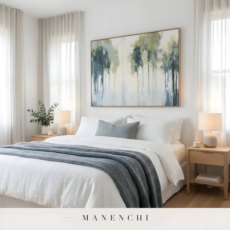 Verdant Mist Arboreal abstract painting displayed in cozy bedroom wall art