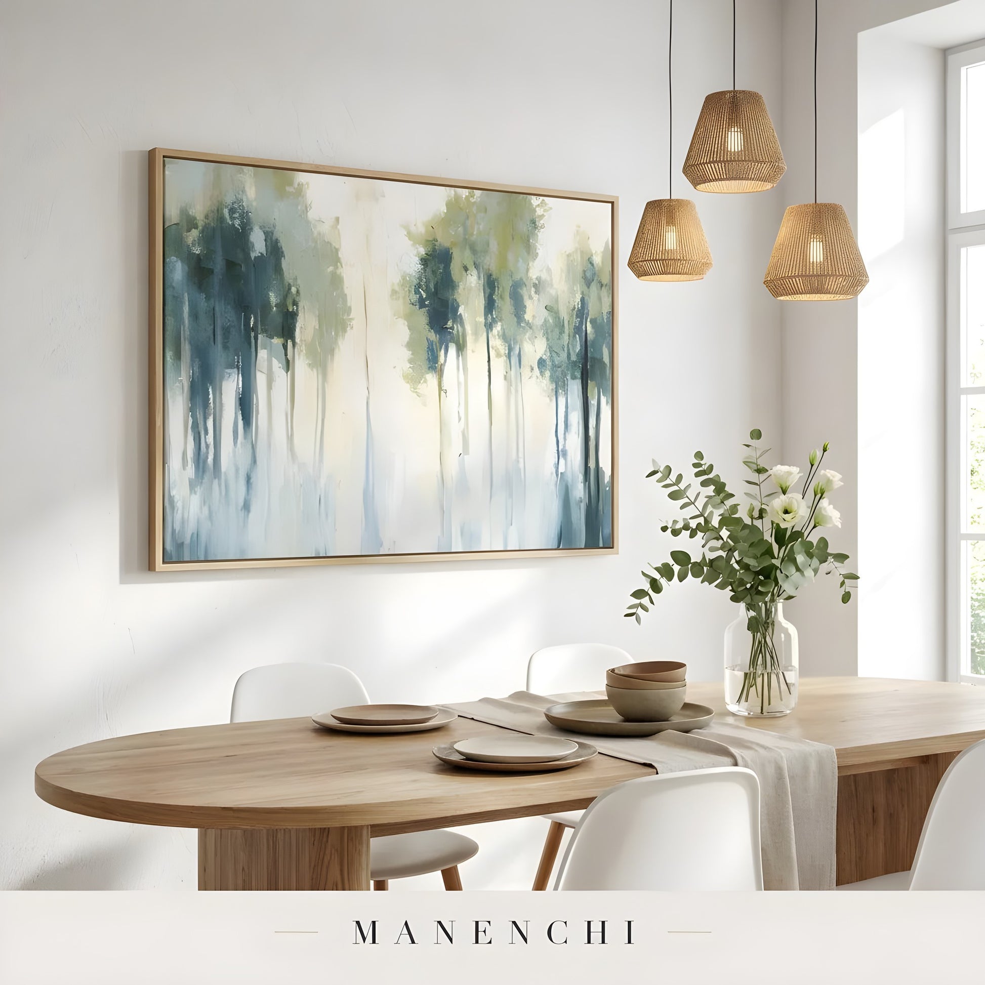 Verdant Mist Arboreal abstract painting displayed in dining room table setting