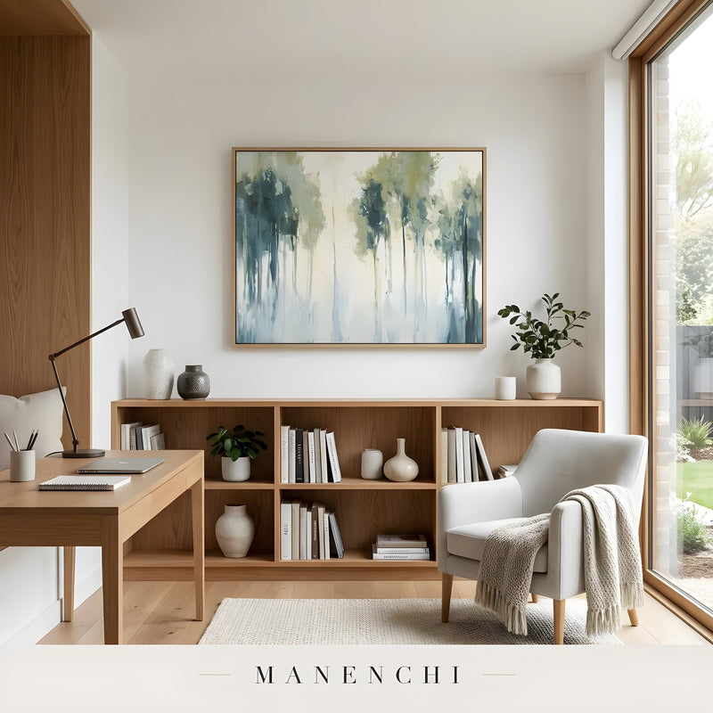 Verdant Mist Arboreal abstract painting displayed in home office desk setup