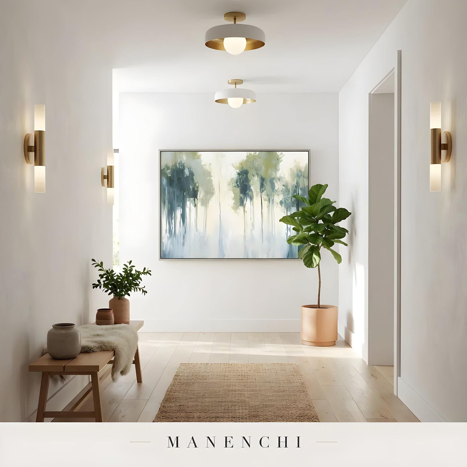 Verdant Mist Arboreal abstract painting displayed in modern hallway wall decor