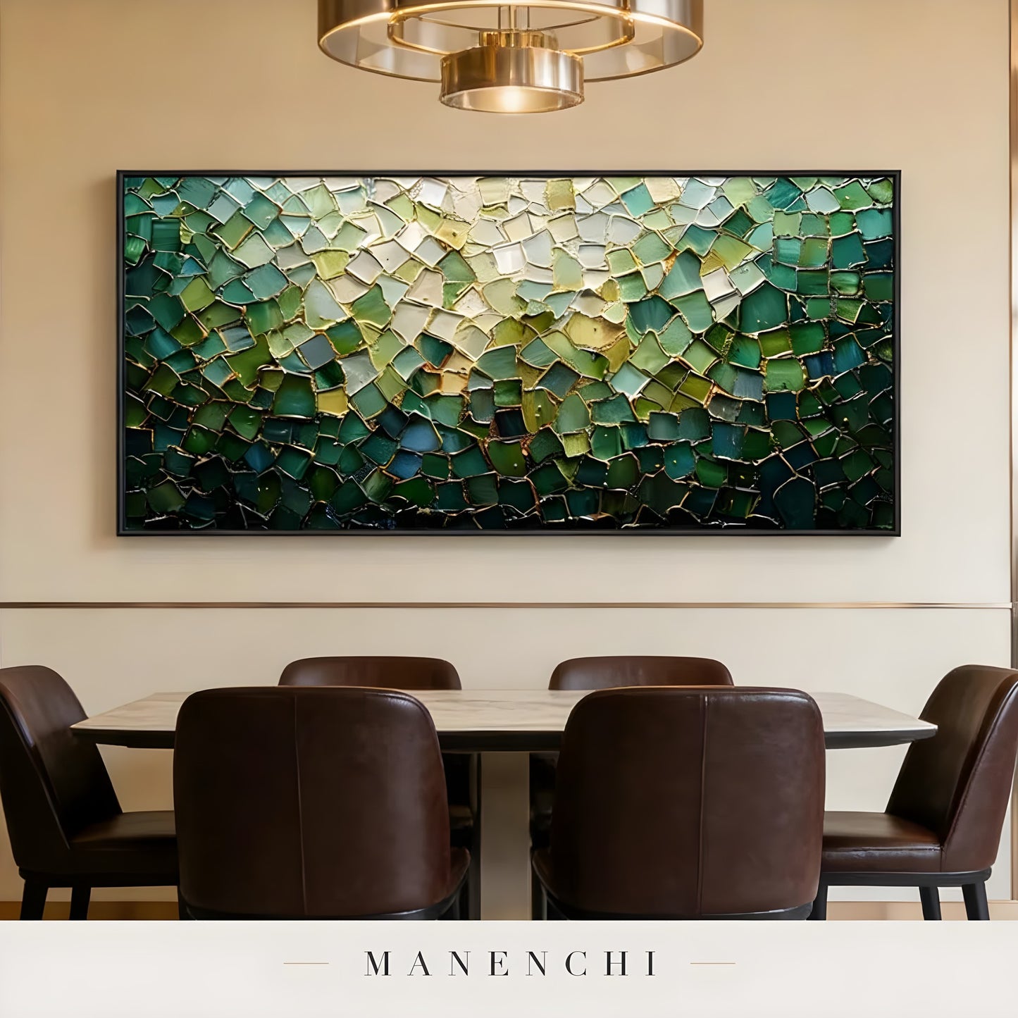 Verdant Mosaic Radiance abstract painting displayed in dining room table decor