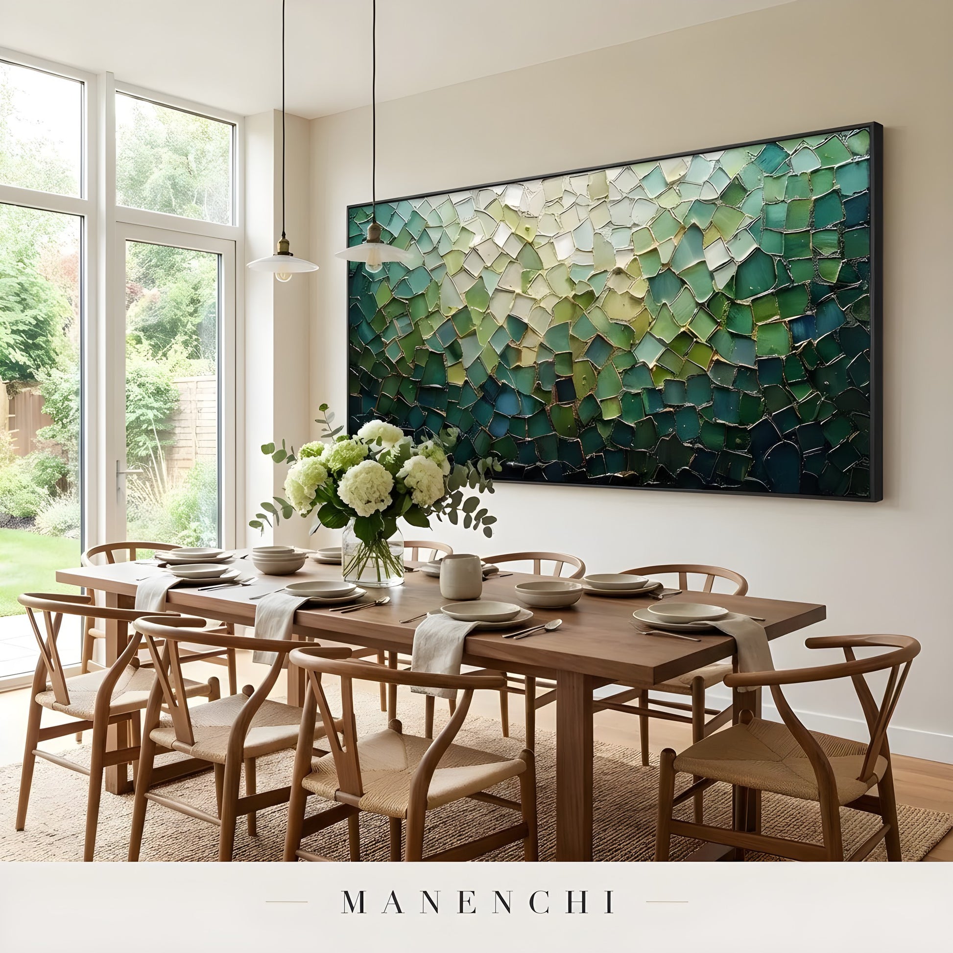 Verdant Mosaic Radiance abstract painting displayed in dining room wooden table