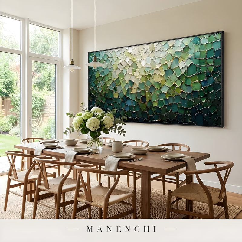 Verdant Mosaic Radiance abstract painting displayed in dining room wooden table