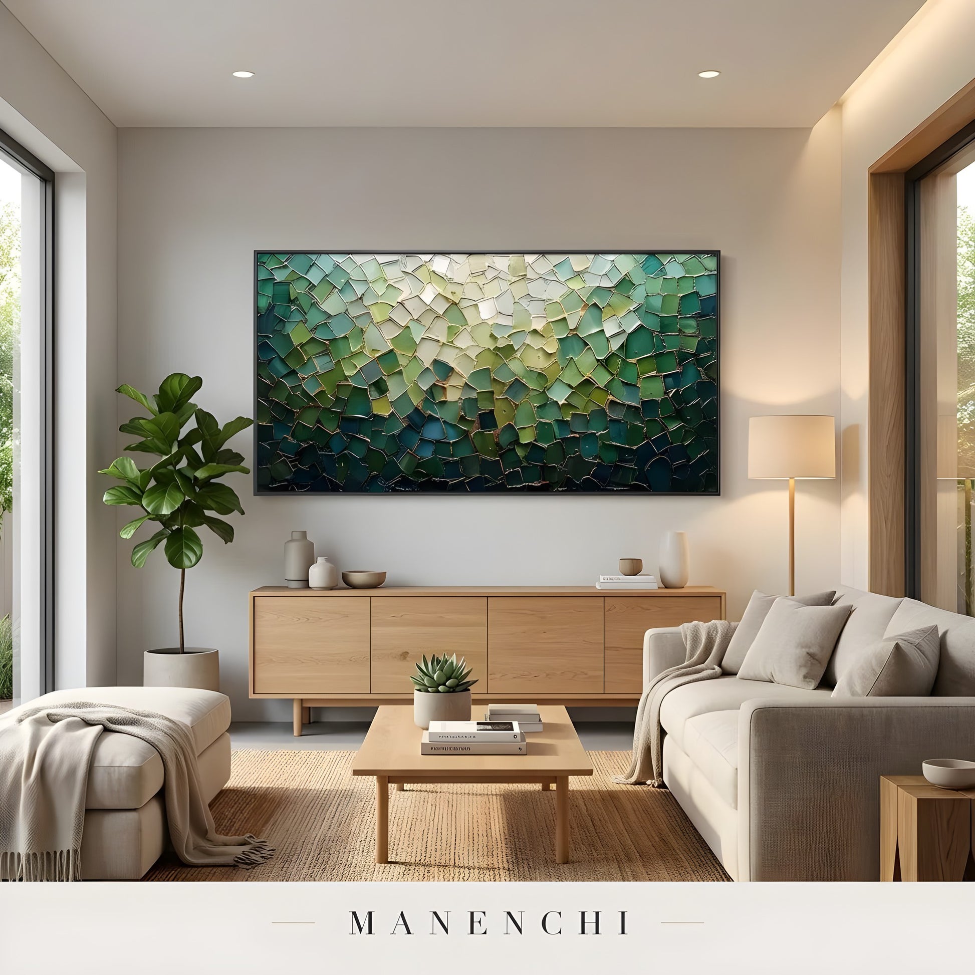 Verdant Mosaic Radiance abstract painting displayed in modern living room interior