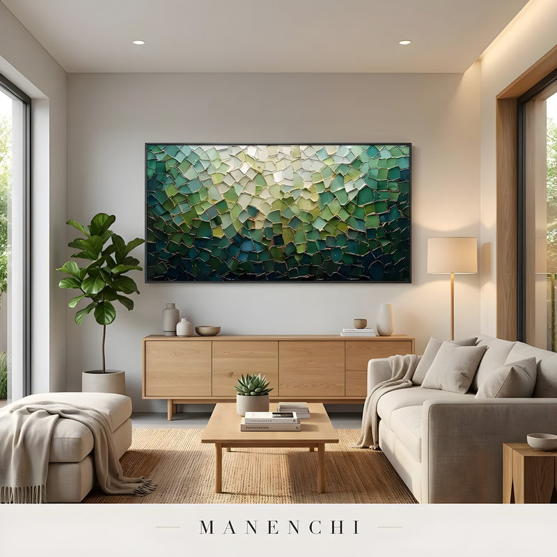 Verdant Mosaic Radiance abstract painting displayed in modern living room interior