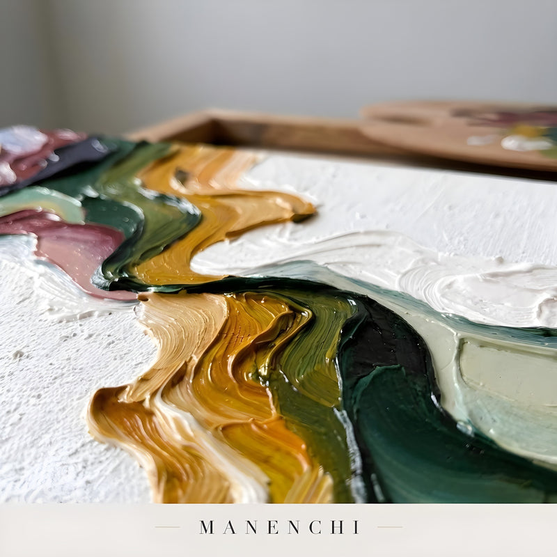 Close-up detail of the textured brushwork in Verdant Ochre Flow