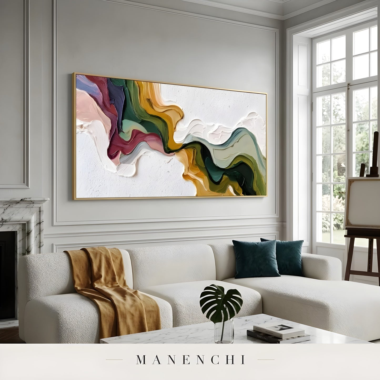 Verdant Ochre Flow abstract painting displayed in interior living room