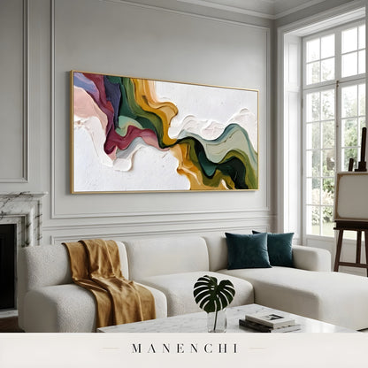 Verdant Ochre Flow abstract painting displayed in interior living room