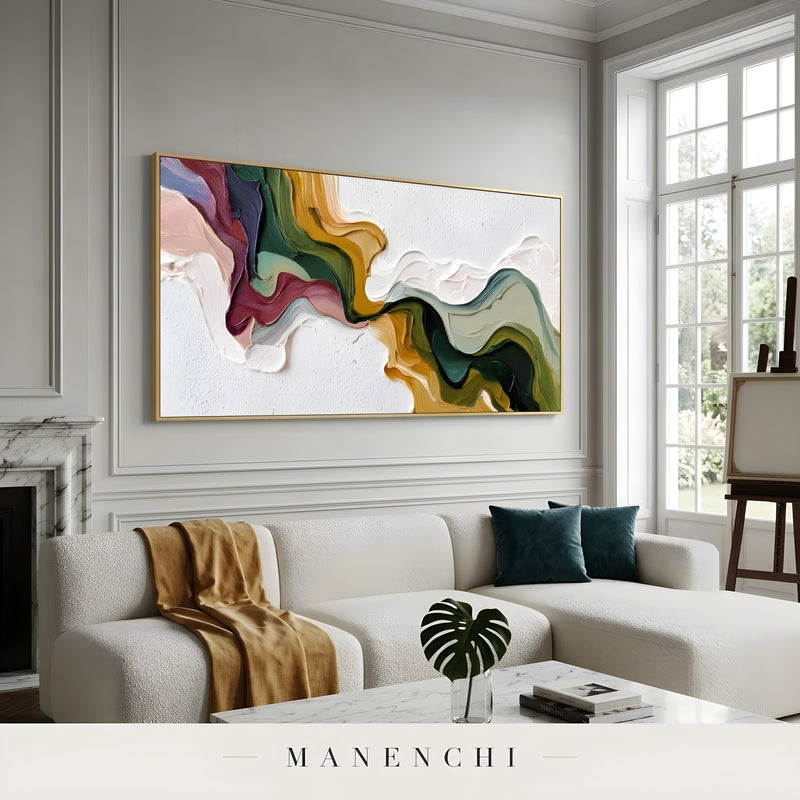 Verdant Ochre Flow abstract painting displayed in interior living room
