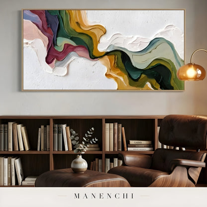 Verdant Ochre Flow abstract painting displayed in library setting art
