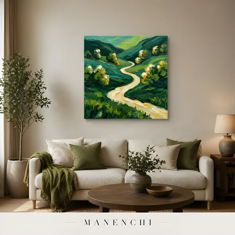 Verdant Pathway Passage abstract painting displayed in interior living room setup