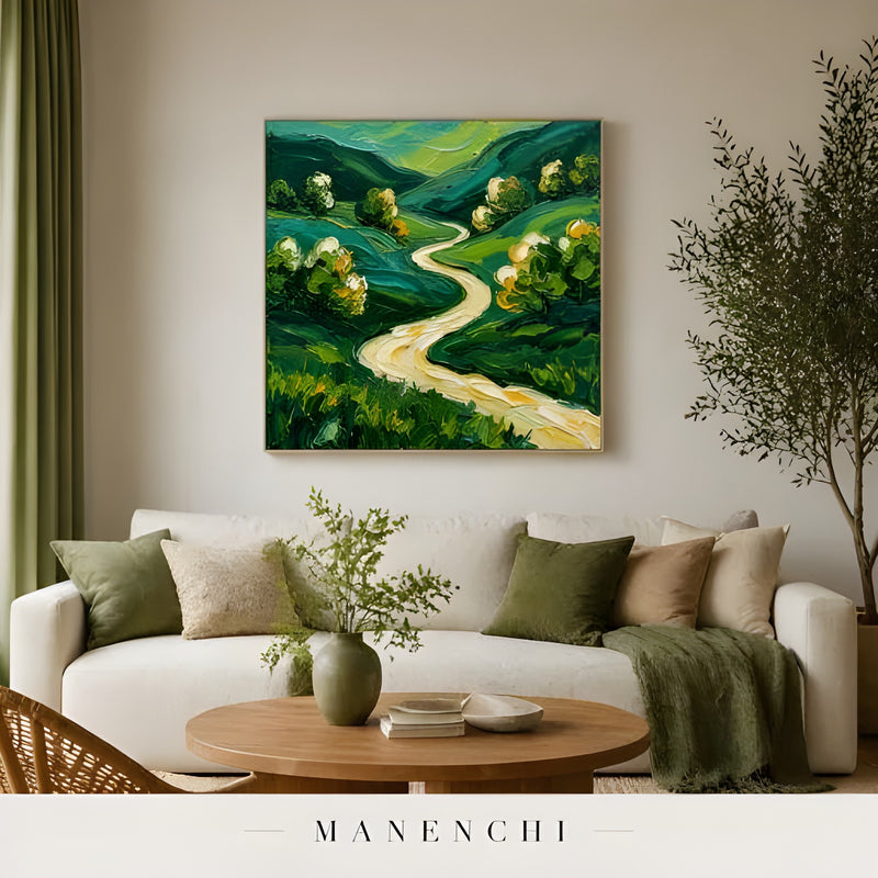Verdant Pathway Passage abstract painting displayed in living room decor vibe