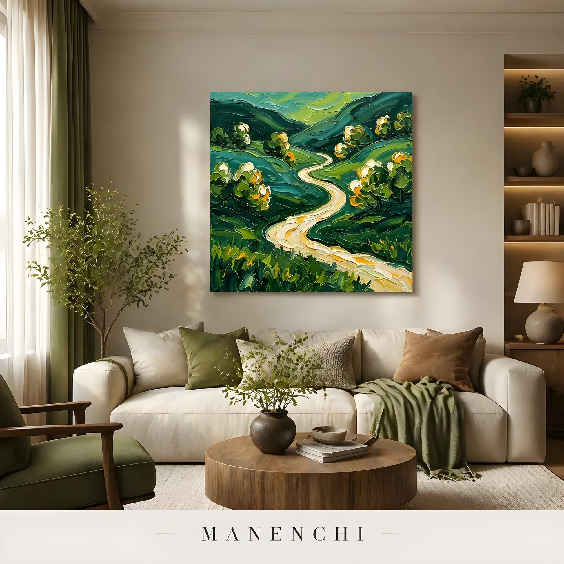 Verdant Pathway Passage abstract painting displayed in living room sofa display