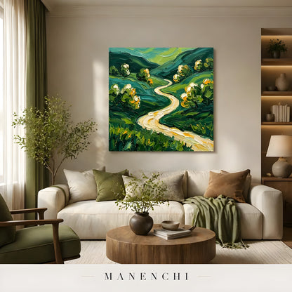 Verdant Pathway Passage abstract painting displayed in living room sofa display