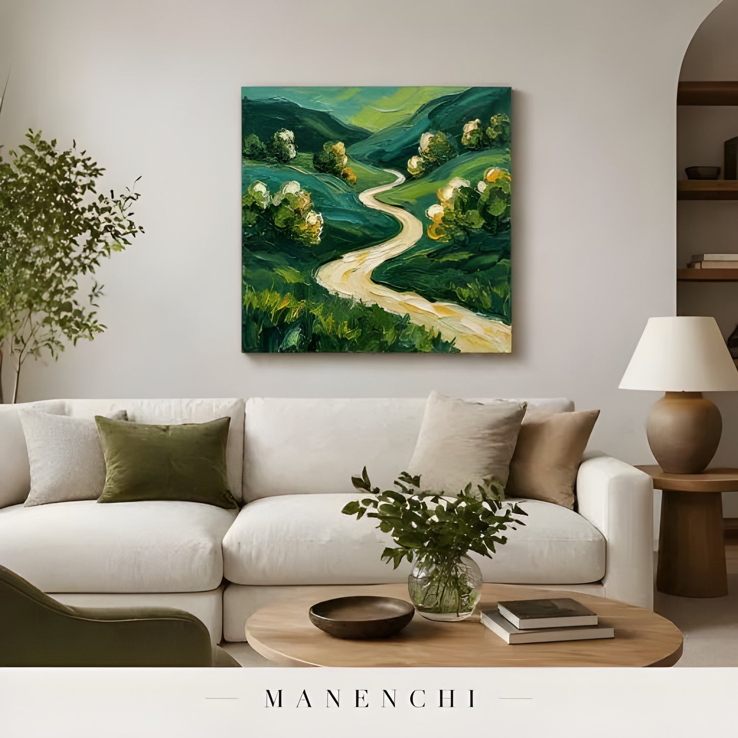 Verdant Pathway Passage abstract painting displayed in modern living room scene