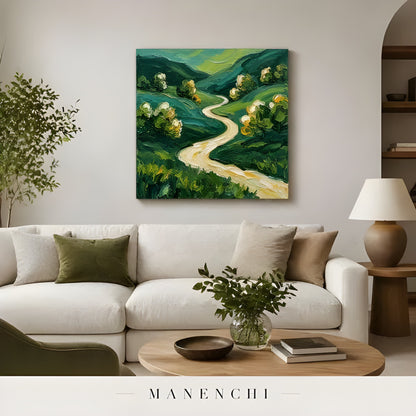 Verdant Pathway Passage abstract painting displayed in modern living room scene
