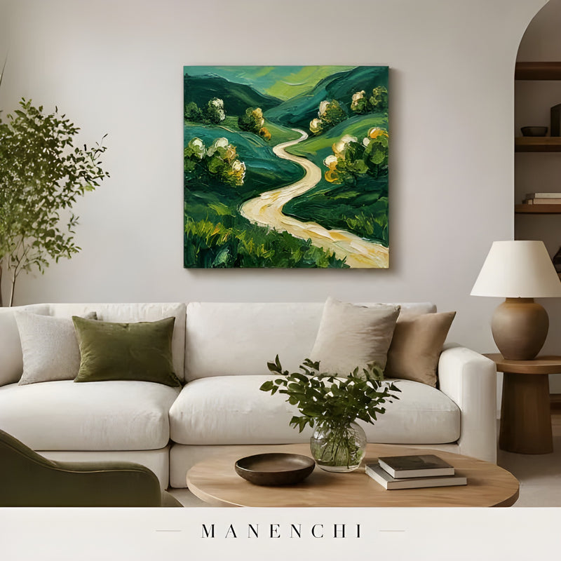 Verdant Pathway Passage abstract painting displayed in modern living room scene