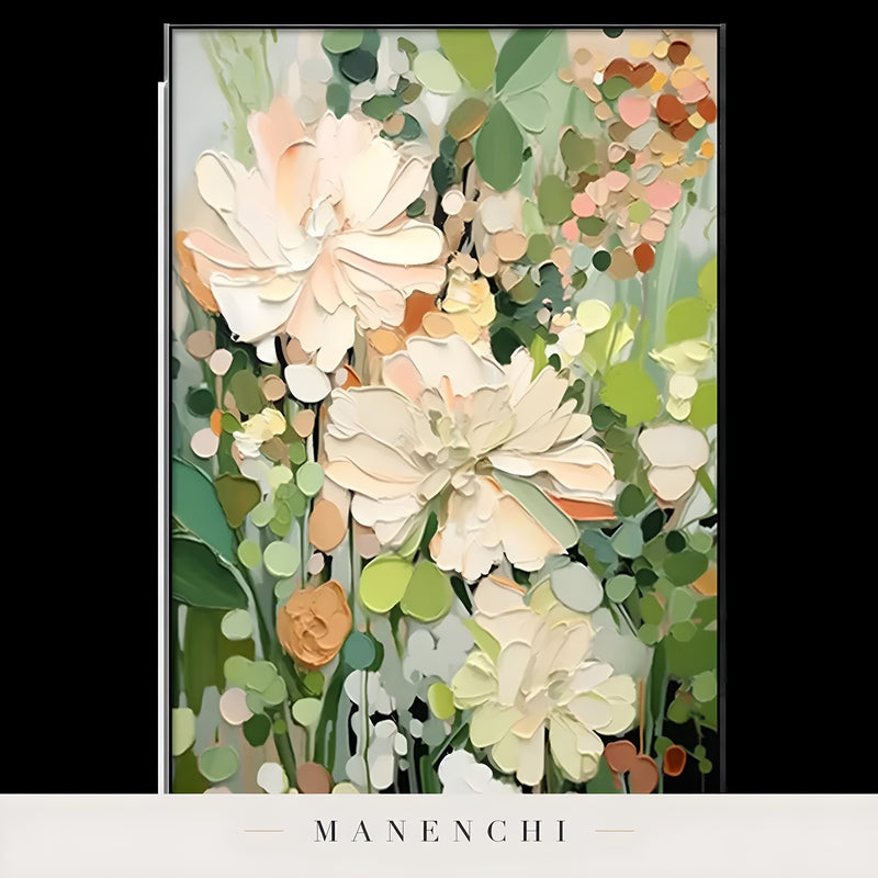 Verdant Petal Reverie abstract painting displayed in full framed painting