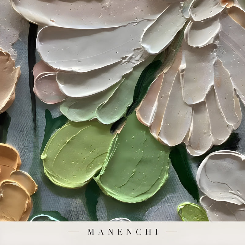 Close-up detail of the textured brushwork in Verdant Petal Reverie