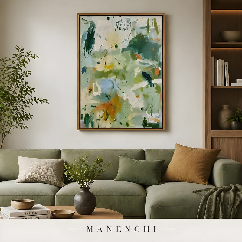 Verdant Serenity abstract painting displayed in living room green sofa