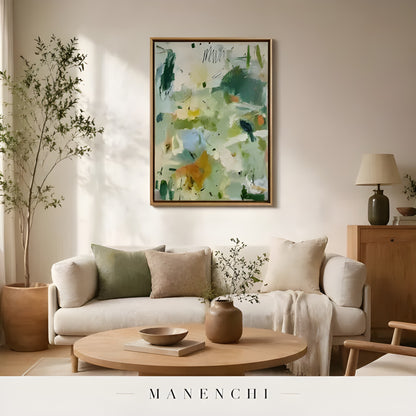 Verdant Serenity abstract painting displayed in living room light sofa