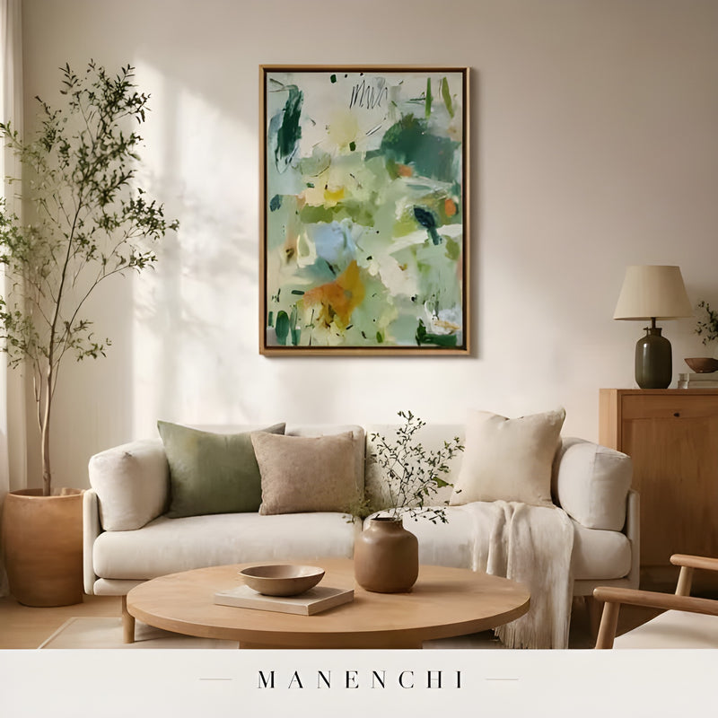 Verdant Serenity abstract painting displayed in living room light sofa