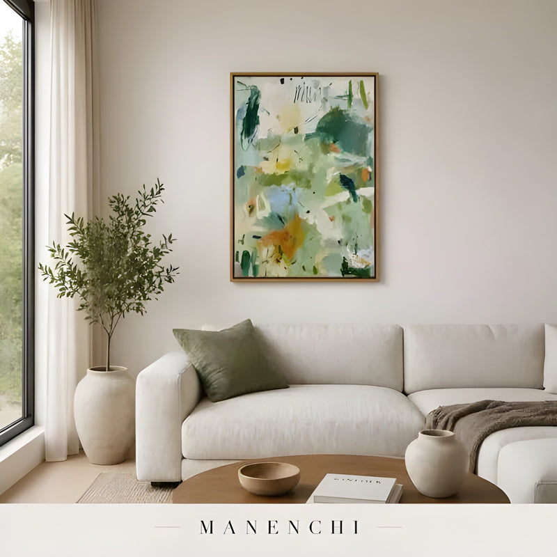 Verdant Serenity abstract painting displayed in living room neutral sofa