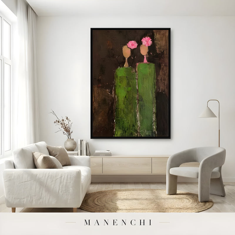 Verdant Silhouette Gala abstract painting displayed in bright living room