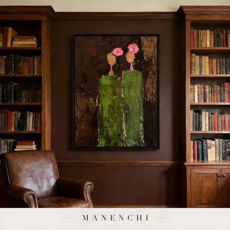 Verdant Silhouette Gala abstract painting displayed in library study room
