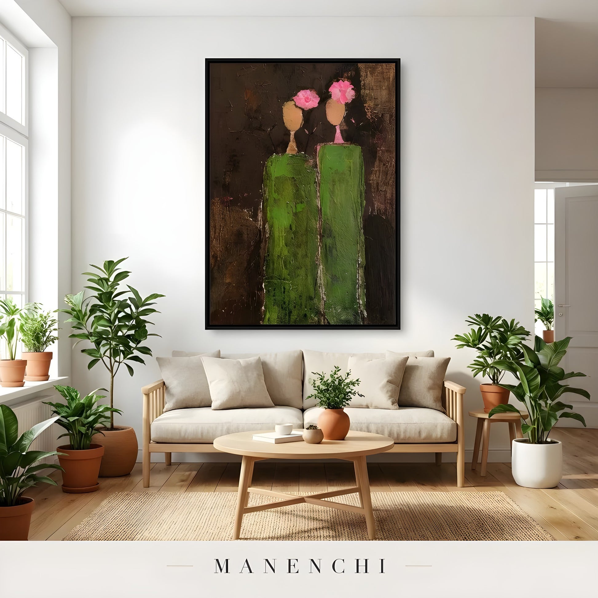 Verdant Silhouette Gala abstract painting displayed in living room with plants