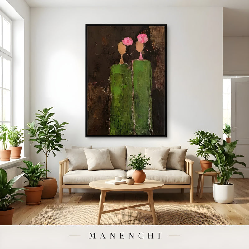 Verdant Silhouette Gala abstract painting displayed in living room with plants