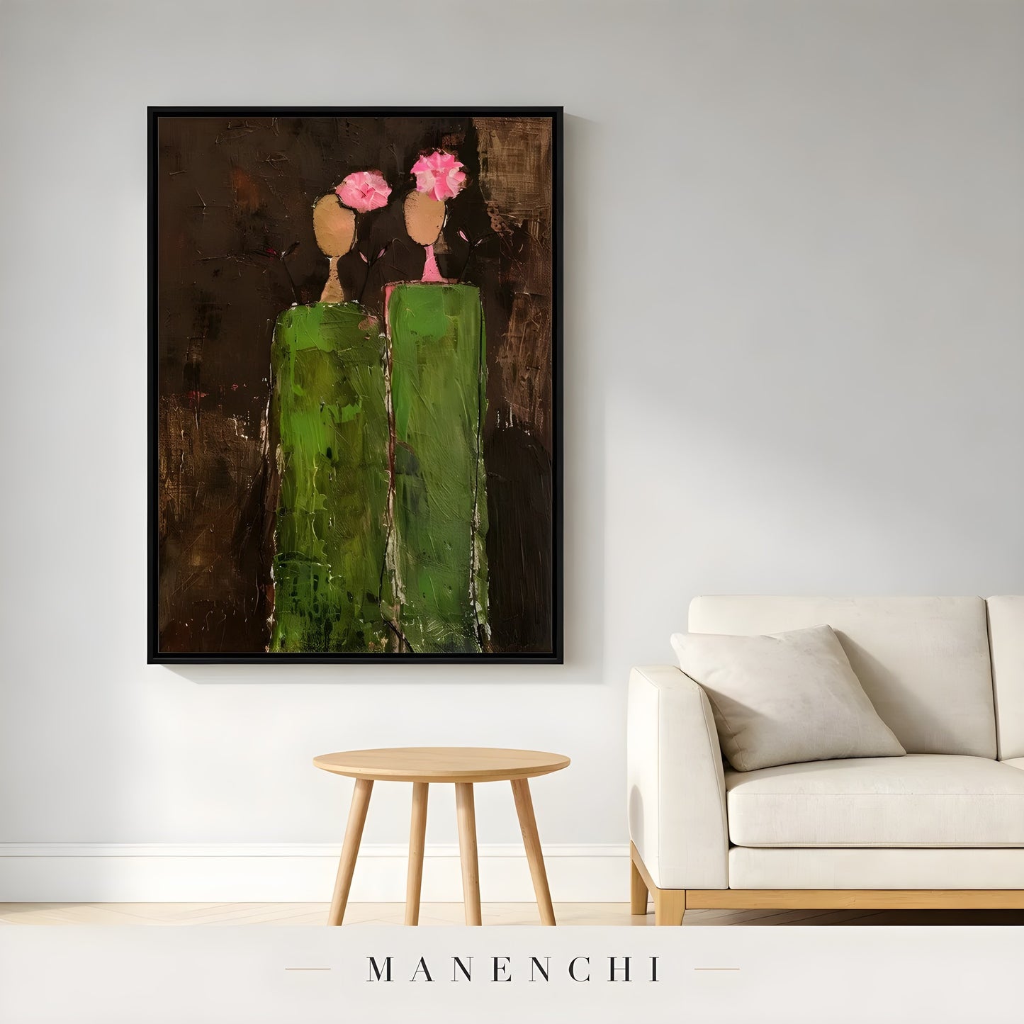 Verdant Silhouette Gala abstract painting displayed in minimalist sofa side table