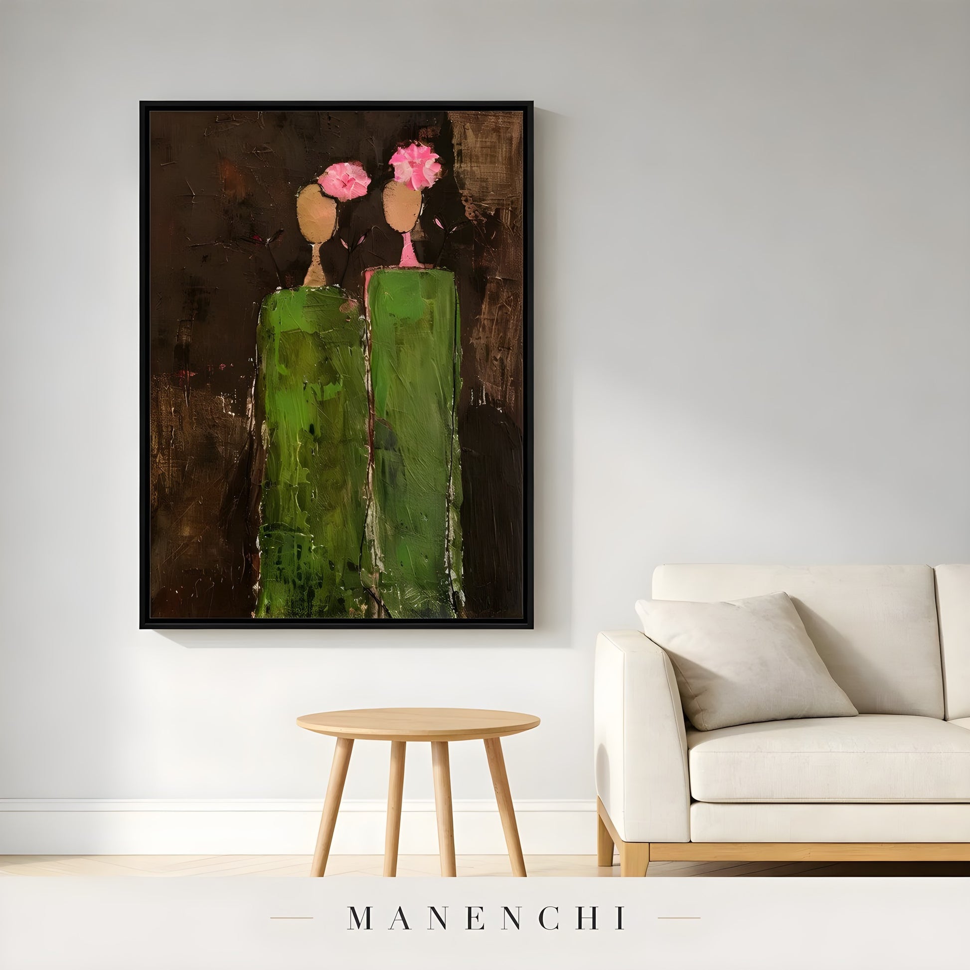 Verdant Silhouette Gala abstract painting displayed in minimalist sofa side table