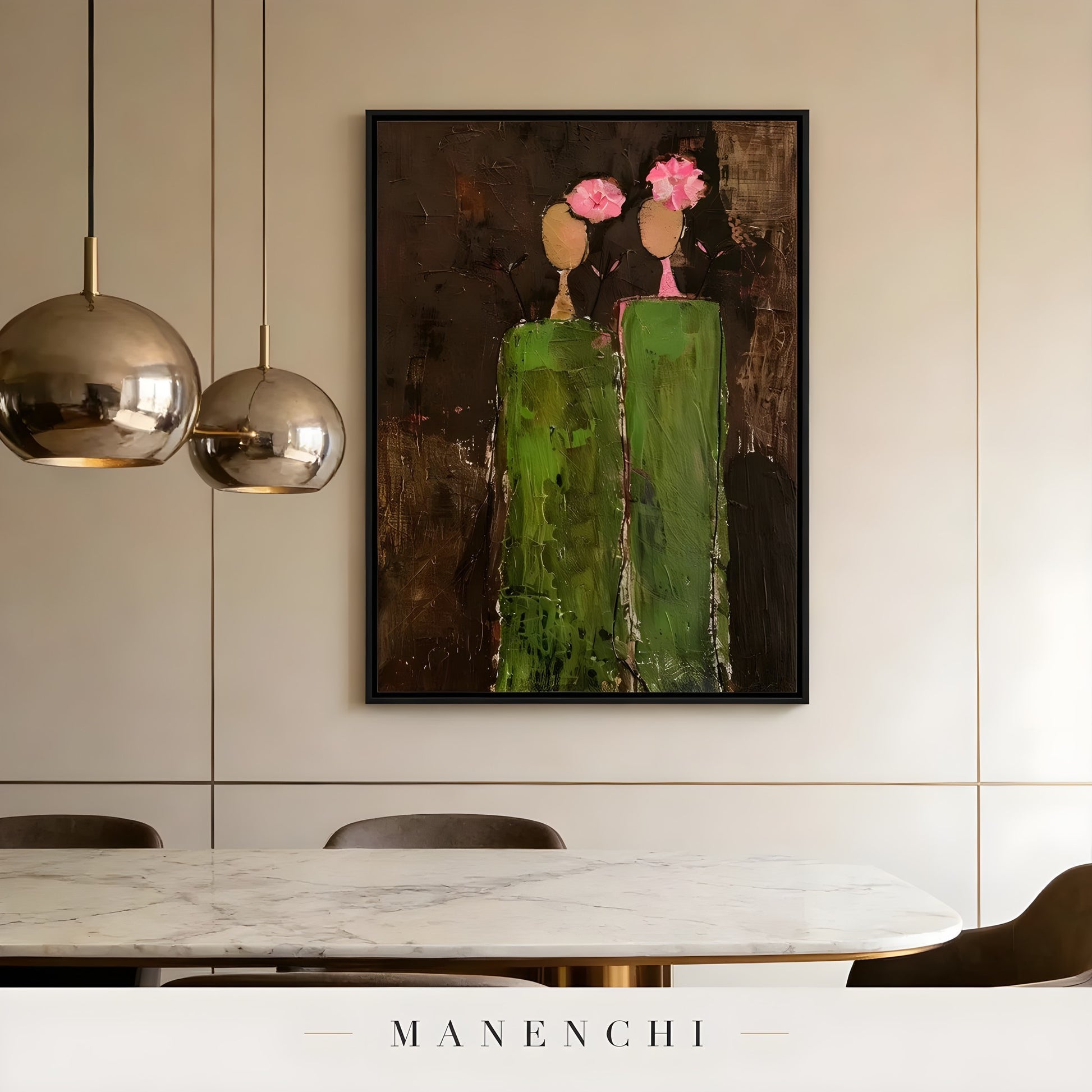 Verdant Silhouette Gala abstract painting displayed in modern dining room