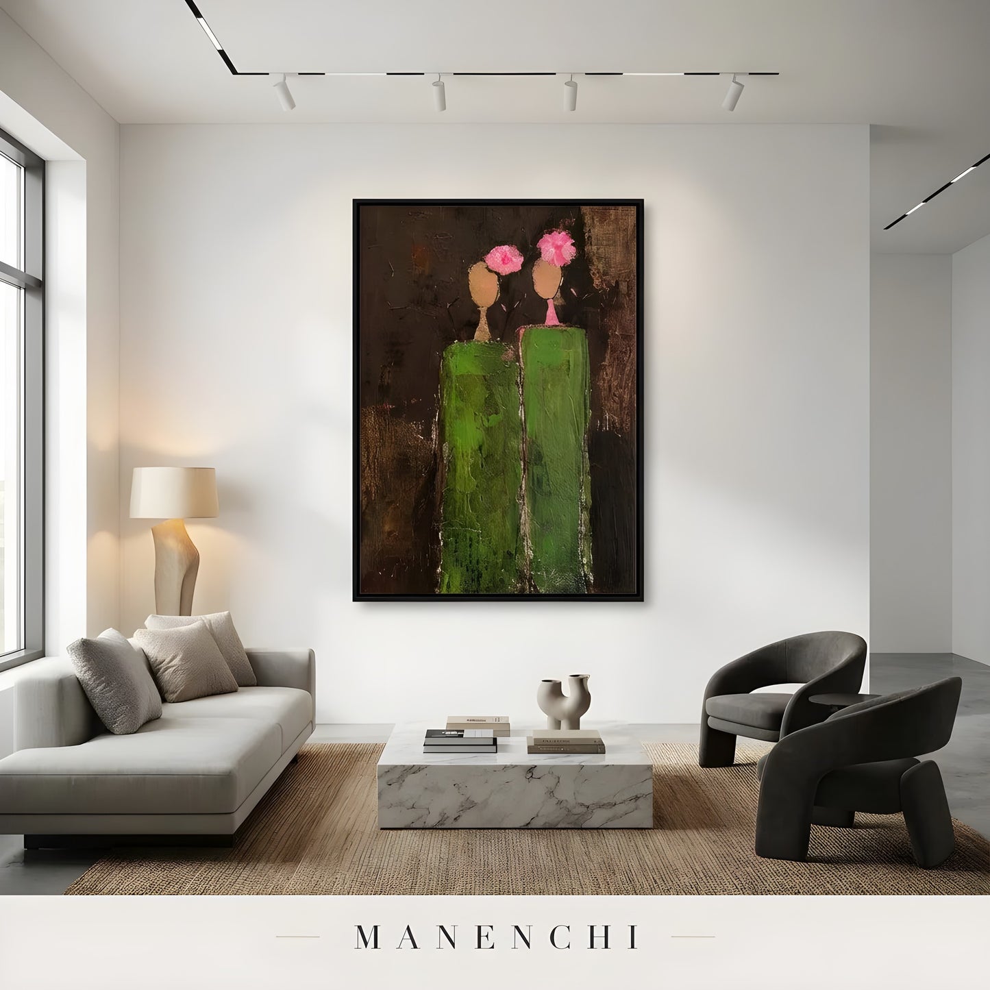 Verdant Silhouette Gala abstract painting displayed in spacious living room