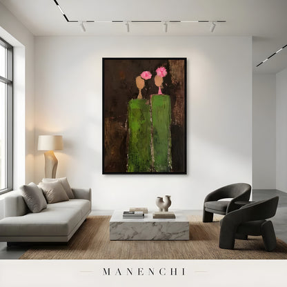 Verdant Silhouette Gala abstract painting displayed in spacious living room