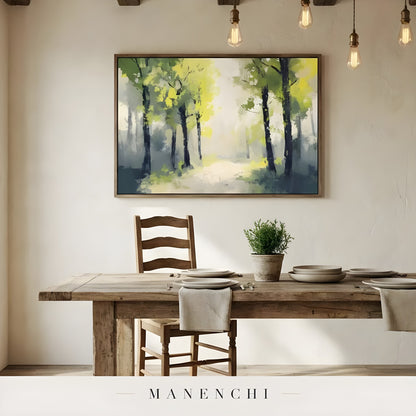 Verdant Sunlight Arboreal abstract painting displayed in dining room
