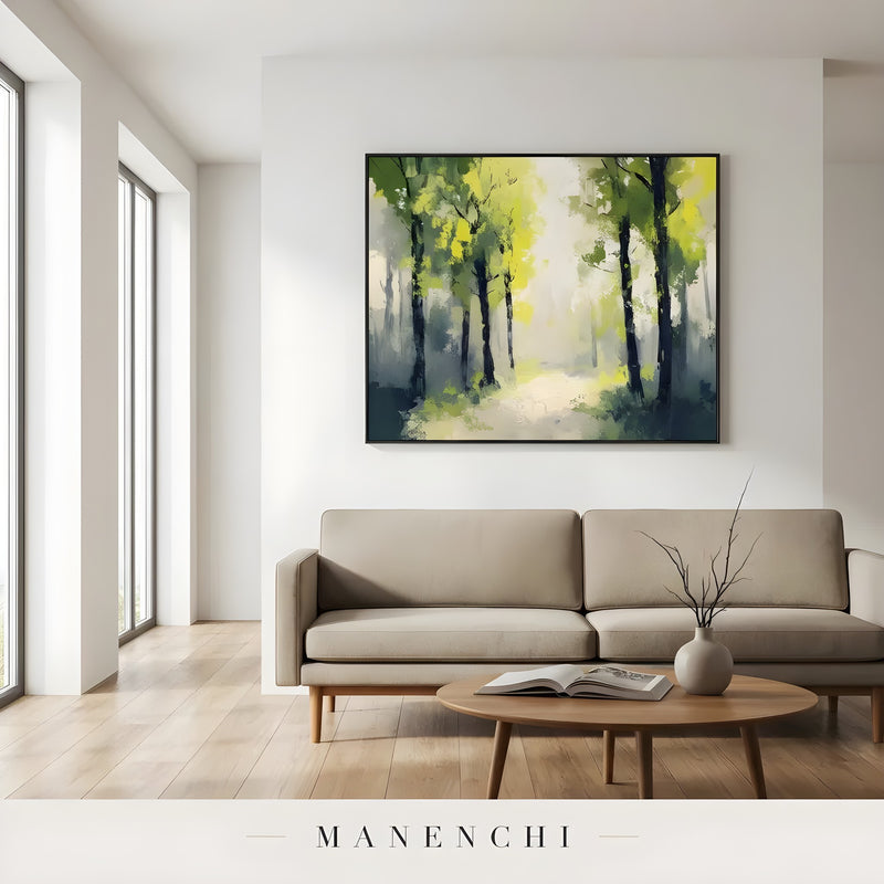 Verdant Sunlight Arboreal abstract painting displayed in living room