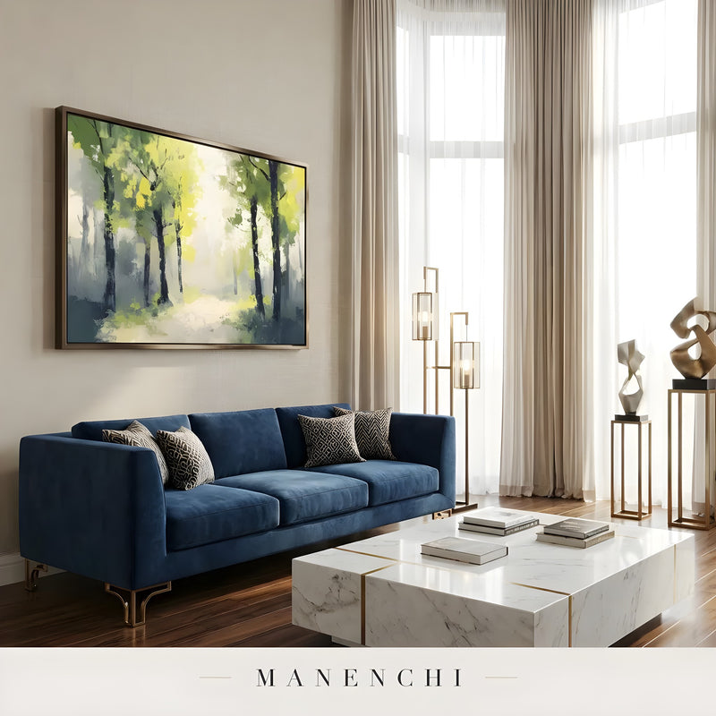 Verdant Sunlight Arboreal abstract painting displayed in modern living room