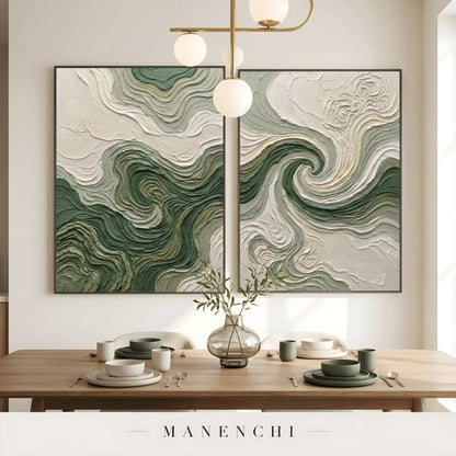 Verdant Swirl Diptych abstract painting displayed in dining room table display