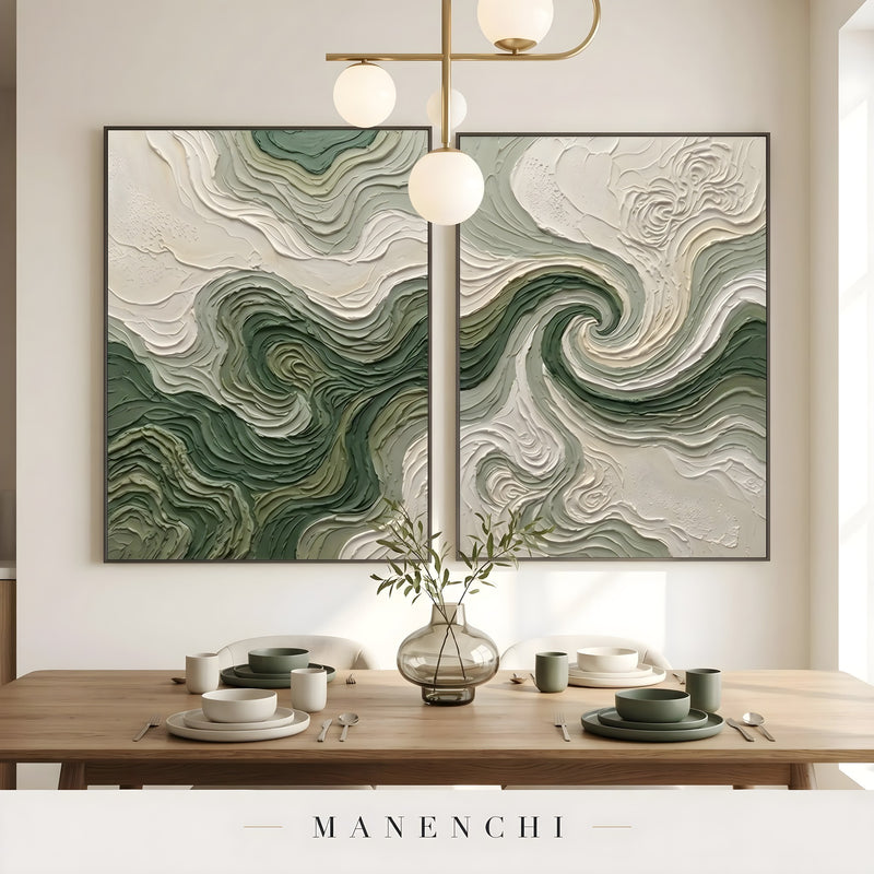 Verdant Swirl Diptych abstract painting displayed in dining room table display