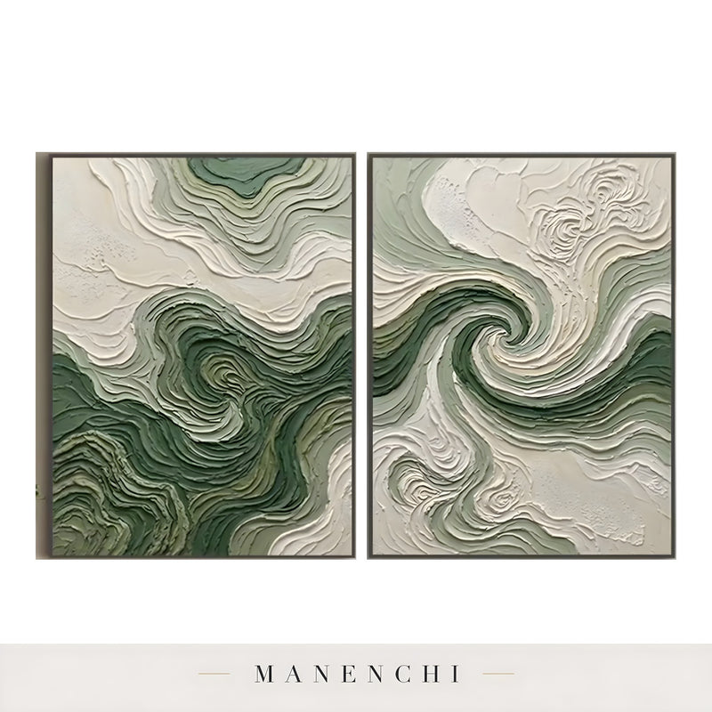 Verdant Swirl Diptych abstract painting displayed in isolated art diptych view