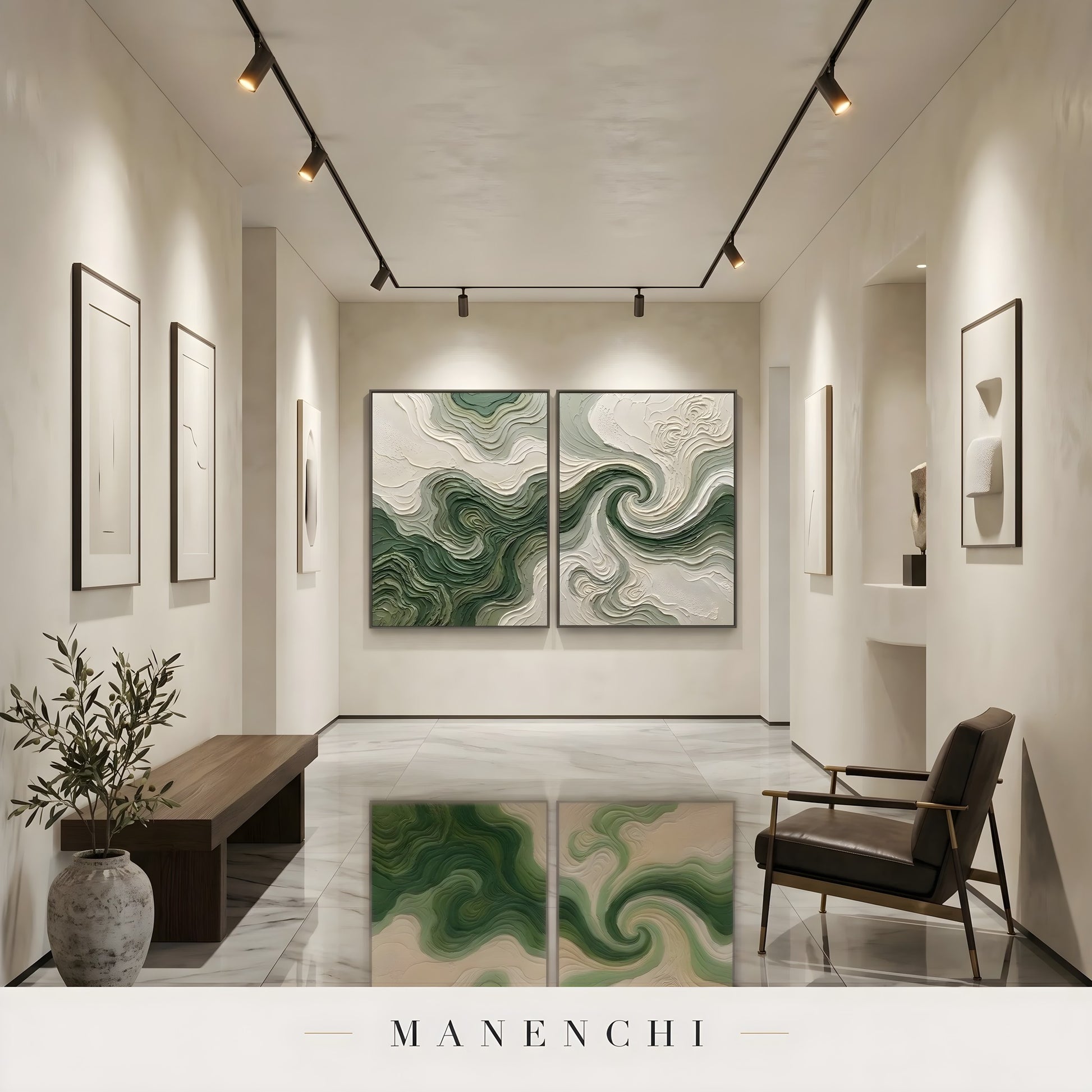Verdant Swirl Diptych abstract painting displayed in long hallway gallery setting
