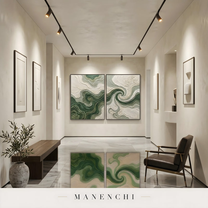 Verdant Swirl Diptych abstract painting displayed in long hallway gallery setting