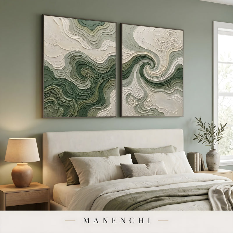 Verdant Swirl Diptych abstract painting displayed in serene bedroom wall decor